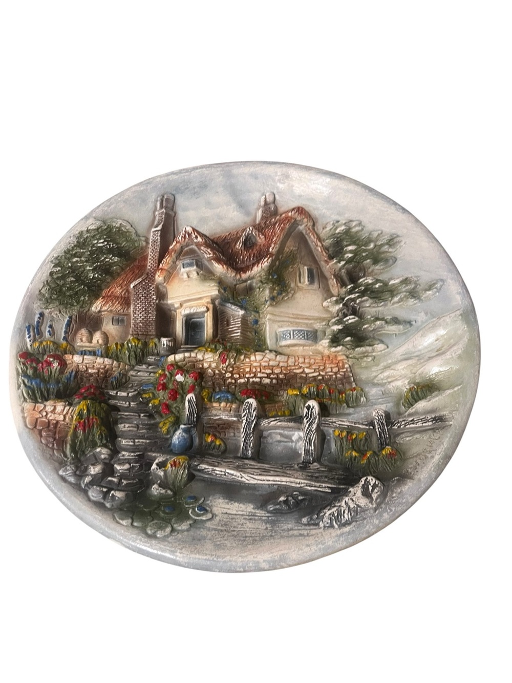 Vintage Hand-Painted Cottage Scene Wall Plaque - Multi-Color Home Art